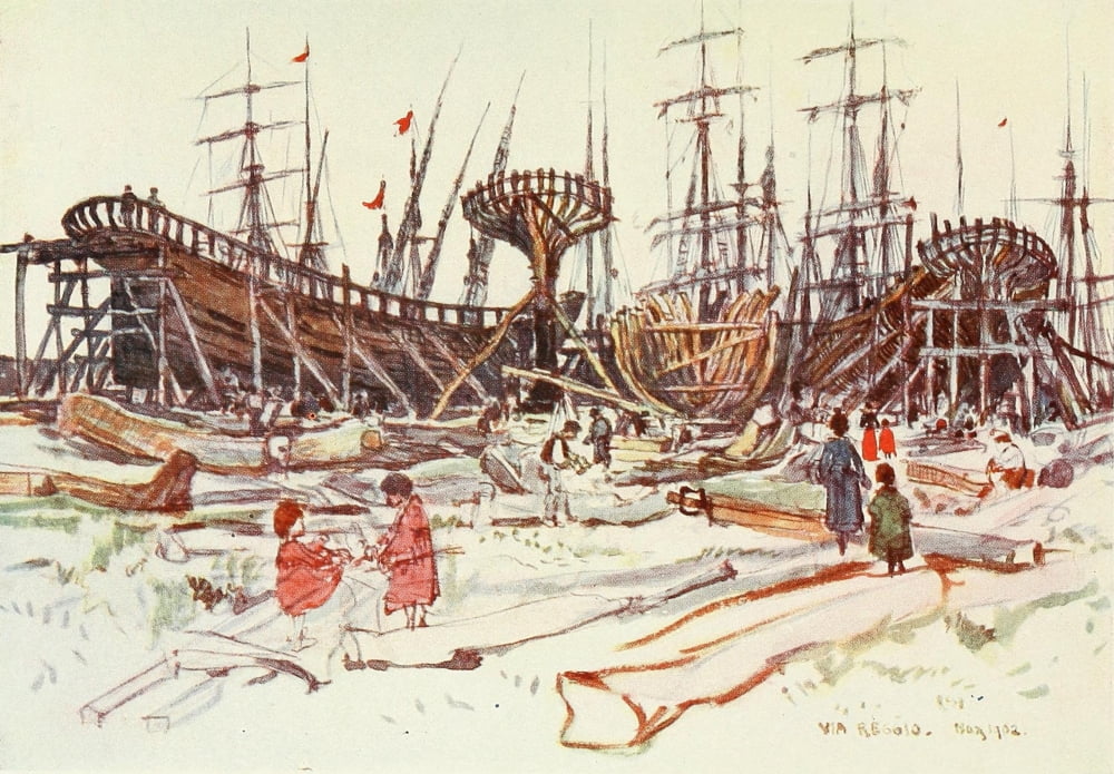 Florence & some Tuscan Cities 1905 Ship-building yard Viareggio Canvas Art - RC Goff (18 x 24)