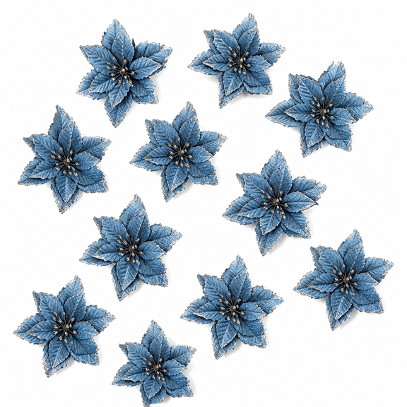 Florenta 12 Pack Silver Christmas Glitter Poinsettia Flowers Decorative Artificial Poinsettia Flowers-Blue