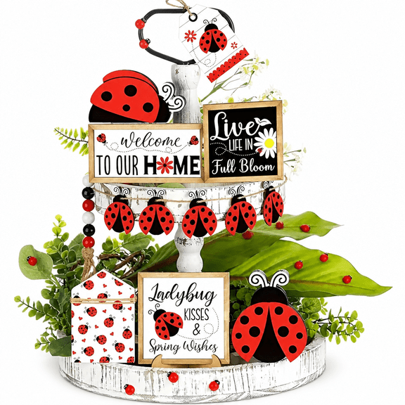 Florenta 20 Pcs Ladybug Tiered Tray Decorations Spring Summer Ladybug Wooden Blocks Sign Ladybug Table Top Decor Red Farmhouse Ladybird for Home Kitchen Shelf Display Holiday Housewarming