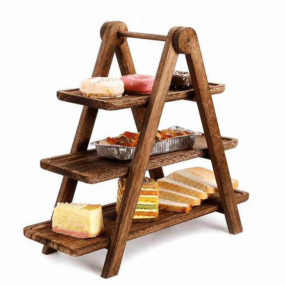 Florenta 3-Tier Serving Tray Wooden Wedding Serving Spice Rack Organizer Display Stand Charcuterie Board Foldable Ladder Serving Trays for Beach Camping RV Outdoor Concerts