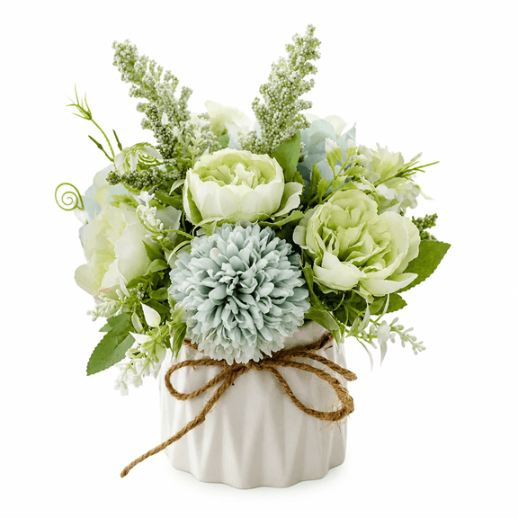 Florenta Fake Flowers in Vase,Small Artificial Silk Flowers with Vase,Faux Flower Arrangement for Home Office,Coffee Dining Table Centerpiece Decor(Tea Hydrangea,Green)
