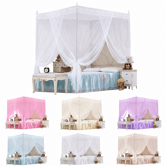 Florenta Romantic Princess Lace Bed Canopy with Mosquito Net - Simple 4 Corners Post Curtains for Twin,Full,Queen,King Beds