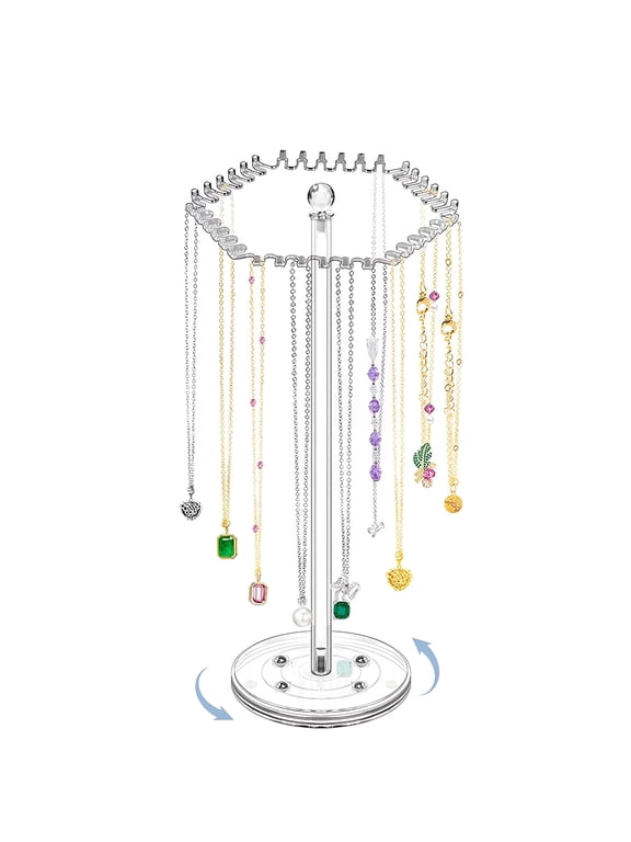 Rotating Acrylic Necklace Organizer Clear Necklace Stand Jewelry Organizer Display Tree Hanger Rack with Hooks for Necklaces Chain Pendant Bracelets Ring