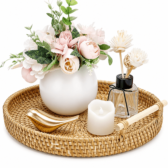 Florenta Small Round Rattan Serving Tray,Wicker Basket Tray with Handles Hand Woven Decorative Tray Basket Ottoman Trays for Coffee Table Party Bathroom Home Decor