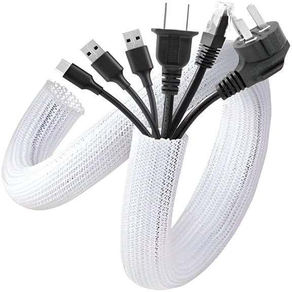 Florenta White Cable Sleeve Cover, 2 Pack 5ft - 1.2 inch Cord Management Wire Organizer Under Desk, Home Office Computer Wire Cover Hider Cord Protector, Protect Cables from Pet Chewing