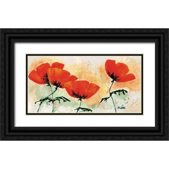 Florenti, Isa 18x11 Black Ornate Wood Framed with Double Matting Museum Art Print Titled - Poppies on ricepaper I