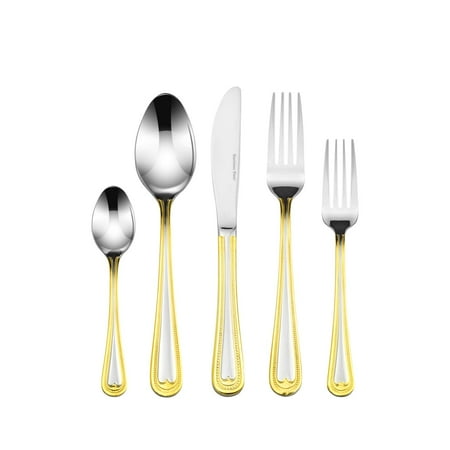 Florentia Collection 75-Piece Cutlery Set 'Soderini' Luxury Surgical Stainless Steel Silverware Flatware Set 18/10, Service for 12 Person, 24K Gold-Plated Hostess Serving Set in a Cherry Wooden Case