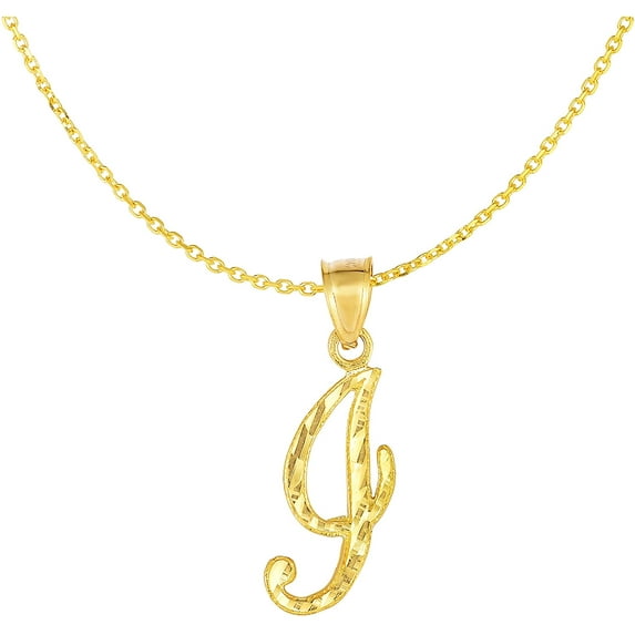 Floreo 10K Yellow Gold Cursive Letter Charm Pendant A-Z Personalized Script Alphabet Initial Name with optional 18 Inch Necklace