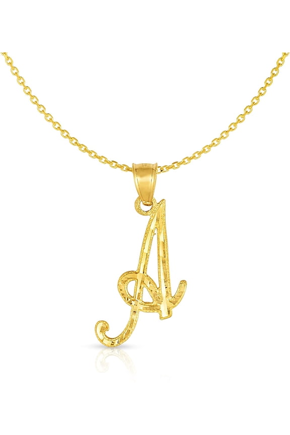 10K Yellow Gold Cursive Letter Charm Pendant A-Z Personalized Script Alphabet Initial Name with optional 18 Inch Necklace