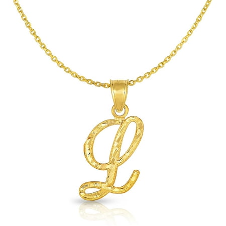 Floreo 10K Yellow Gold Cursive Letter Charm Pendant A-Z Personalized Script Alphabet Initial Name with optional 18 Inch Necklace