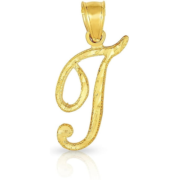 Floreo 10K Yellow Gold Cursive Letter Charm Pendant A-Z Personalized Script Alphabet Initial Name with optional 18 Inch Necklace