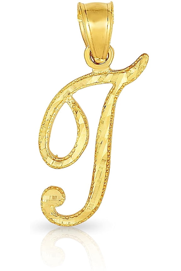 10K Yellow Gold Cursive Letter Charm Pendant A-Z Personalized Script Alphabet Initial Name with optional 18 Inch Necklace