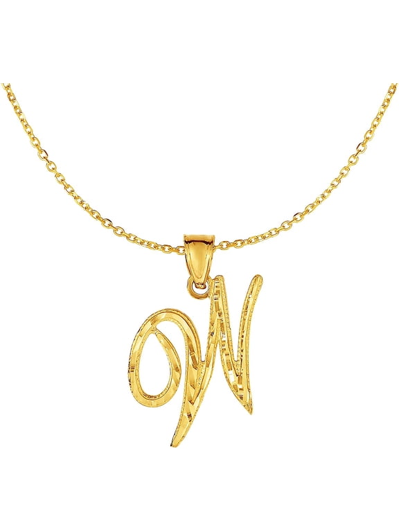 10K Yellow Gold Cursive Letter Charm Pendant A-Z Personalized Script Alphabet Initial Name with optional 18 Inch Necklace