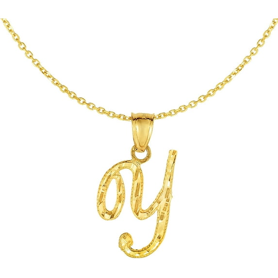 Floreo 10K Yellow Gold Cursive Letter Charm Pendant A-Z Personalized Script Alphabet Initial Name with optional 18 Inch Necklace