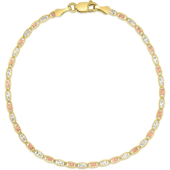 Floreo 10k Tri-Color Gold 2mm Valentino Link Chain Bracelet or Anklet
