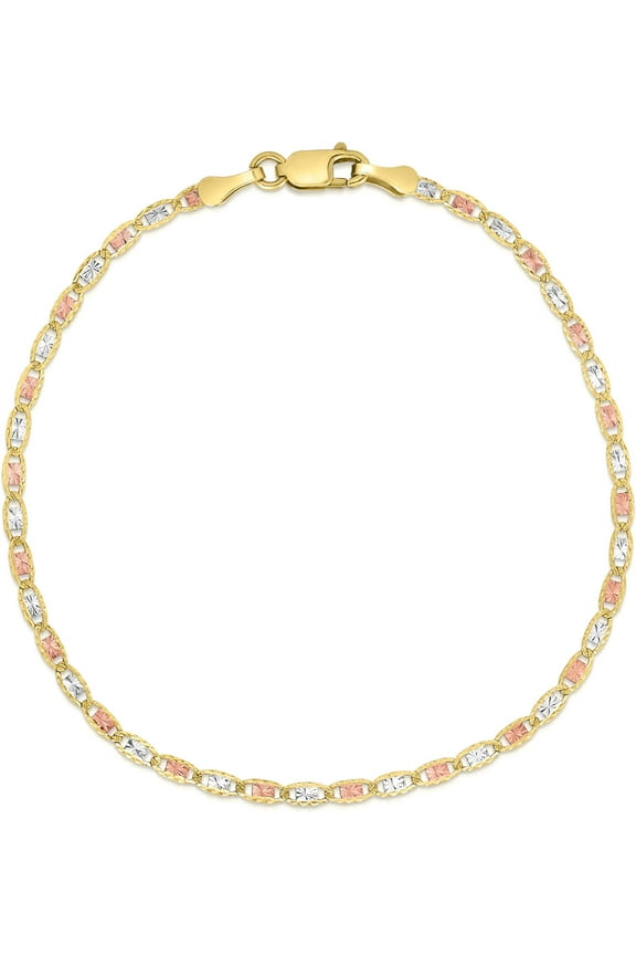 10k Tri-Color Gold 2mm Valentino Link Chain Bracelet or Anklet