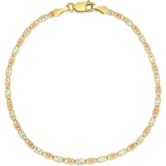 Floreo 10k Tri-Color Gold 2mm Valentino Link Chain Bracelet or Anklet