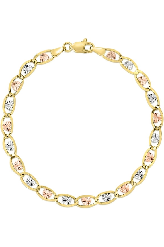 10k Tri-Color Gold 4mm Valentino Heart Link Chain Bracelet or Anklet