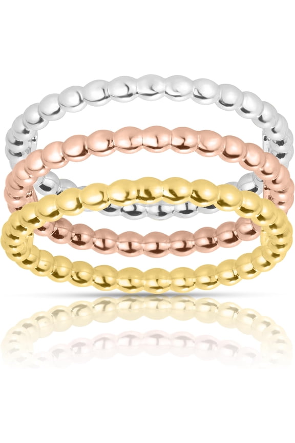 10k Tri-Color Gold Beaded Stackable (Set of 3) Women's Ring