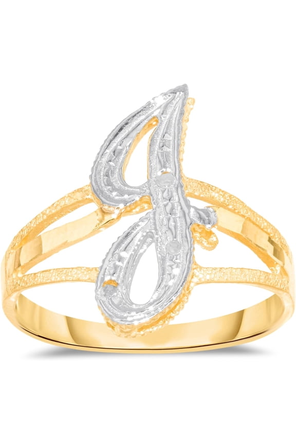 10k Two-Tone Yellow Gold and White Gold 15mm Personalized A-Z Initial Cursive Letter Ring, Sizes 3 - 10