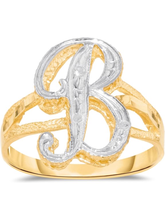 10k Two-Tone Yellow Gold and White Gold 15mm Personalized A-Z Initial Cursive Letter Ring, Sizes 3 - 10