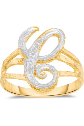 10k Two-Tone Yellow Gold and White Gold 15mm Personalized A-Z Initial Cursive Letter Ring, Sizes 3 - 10