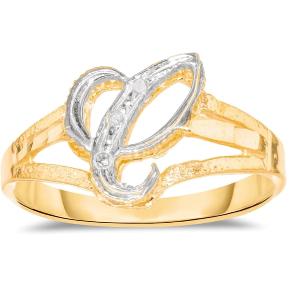 Floreo 10k Two-Tone Yellow Gold and White Gold 8.5mm Personalized A-Z Initial Cursive Letter Ring, Sizes 3 - 10