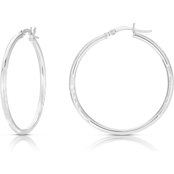 Floreo 10k White Gold 25mm x 2mm High Polish and Satin Finish Round Tube Hoop Earrings