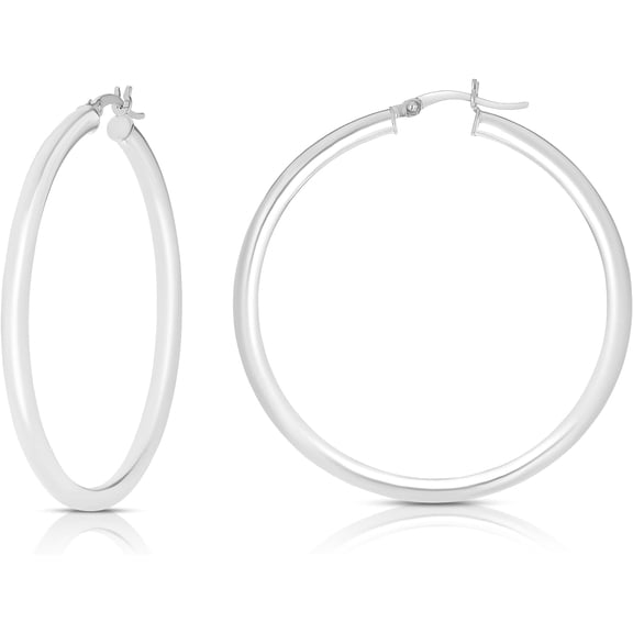 Floreo 10k White Gold 40mm x 3mm High Polish Round Tube Hoop Earrings