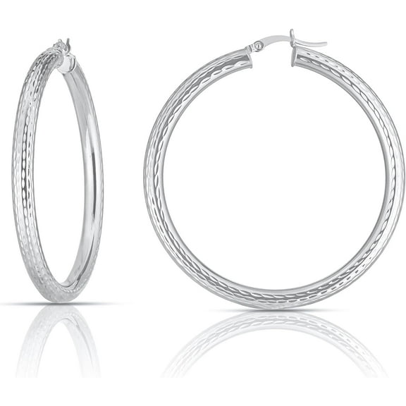 Floreo 10k White Gold 50mm x 4mm Diamond Cut Round Tube Hoop Earrings