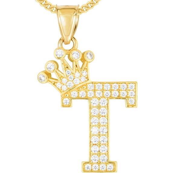 Floreo 10k Yellow Gold 0.8" Pave CZ Personalized Crown Alphabet Letter A - Z Initial Charm Pendant with optional Chain Necklace
