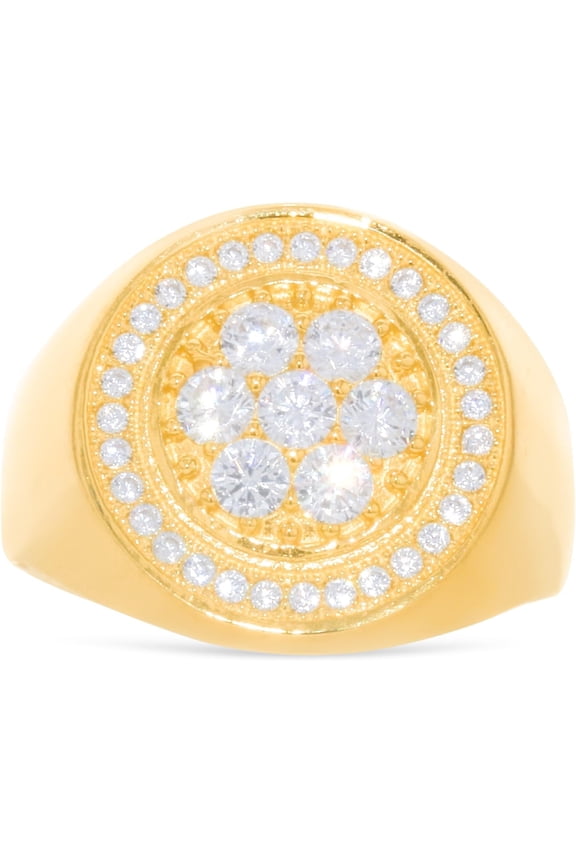 10k Yellow Gold 11.2mm Pave CZ Cluster Circle Round Signet Ring, Sizes 4-13