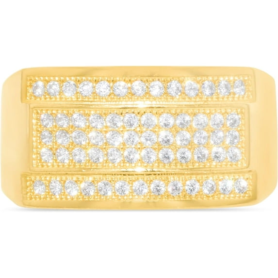 Floreo 10k Yellow Gold 11.2mm Pave CZ Triple Stack Rectangle Signet Ring, Sizes 4-13