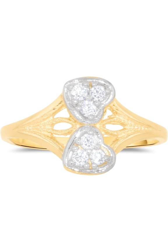 10k Yellow Gold 11mm CZ Double Curved Heart Stack Double Shank Two-Tone Ring, Sizes 4 - 9.5