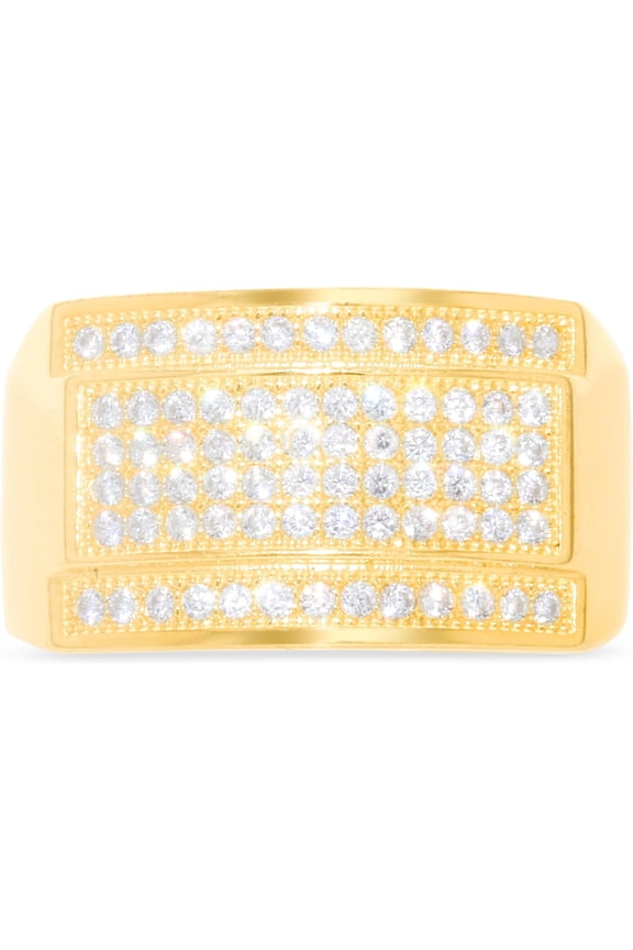 10k Yellow Gold 12.4mm Quadruple-Row Pave CZ Rectangle Signet Ring, Sizes 4-13