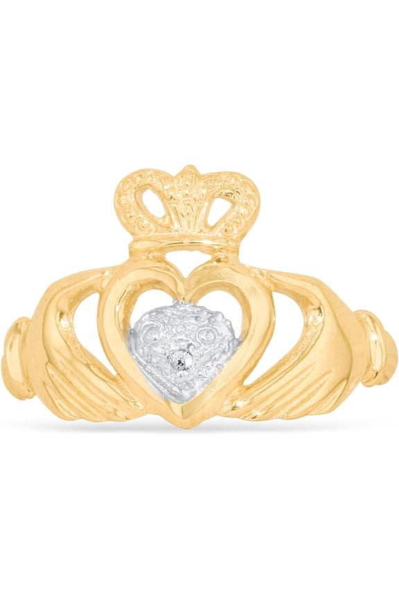10k Yellow Gold 12mm Claudagh Hand with CZ Crown Heart Ring, Sizes 4 - 10