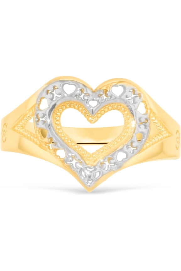 10k Yellow Gold 12mm Filigree XOXO X O Hearts Openwork Two-Tone Ring, Sizes 4 - 11