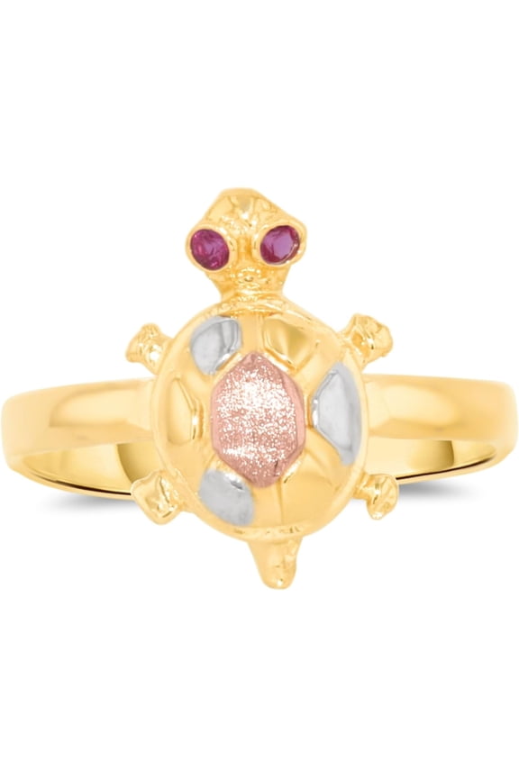 10k Yellow Gold 14mm Turtle Simulated Ruby Tri-Tone Ring, Sizes 4 - 10