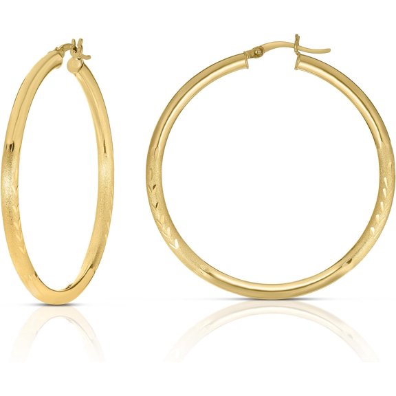 Floreo 10k Yellow Gold 14mm x 3mm High Polish and Satin Finish Round Tube Hoop Earrings