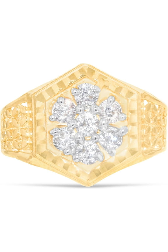 10k Yellow Gold 15mm Hexagon CZ Openwork Flower Men's Ring, Sizes 5 - 13