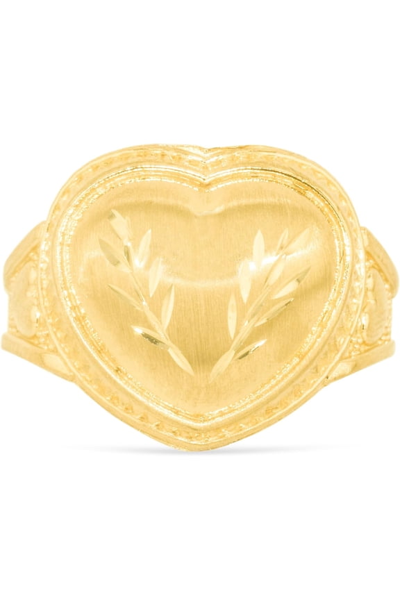 10k Yellow Gold 16mm Domed Heart with Leaf Design Ring, Sizes 4 - 12