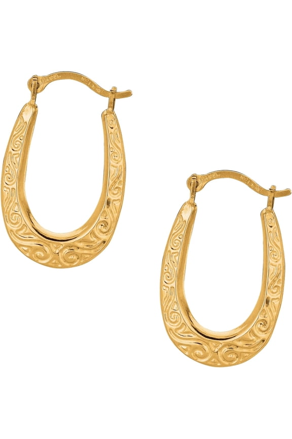 10k Yellow Gold 16mm Oval Scroll Pattern Hoop Earrings