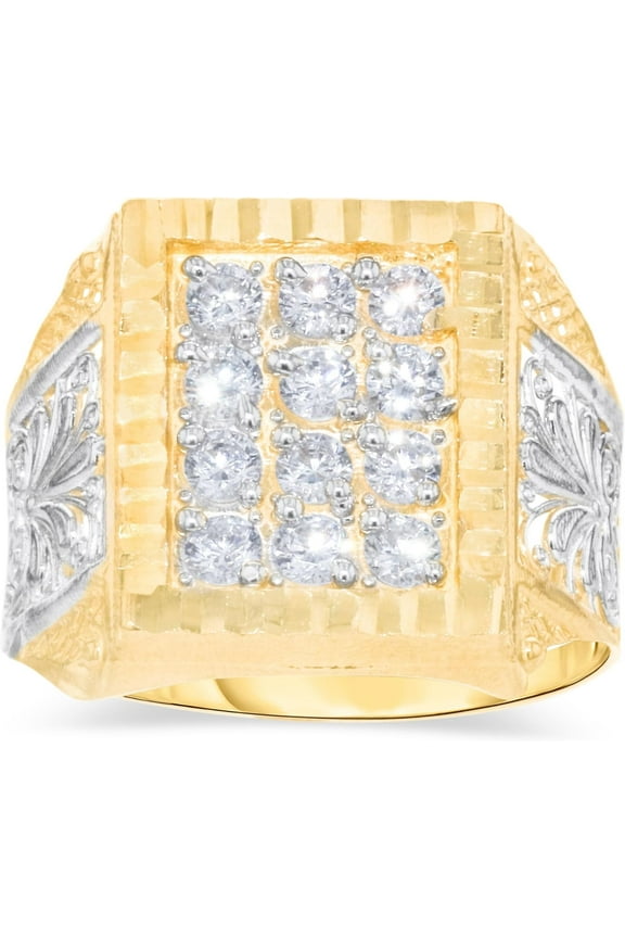 10k Yellow Gold 18mm Two-Tone Square CZ Filigree Openwork Men's Ring, Sizes 5 - 13