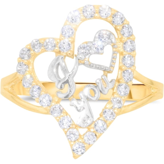 Floreo 10k Yellow Gold 17mm Curved Heart CZ Two-Tone I Love You Ring, Sizes 4 - 10