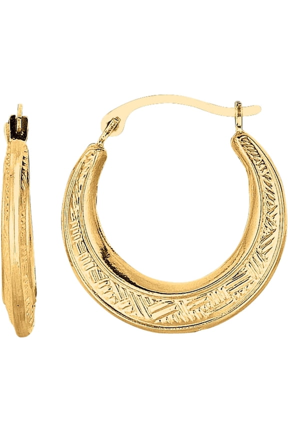 10k Yellow Gold 17mm Diamond Cut Etched Pattern Hoop Earrings