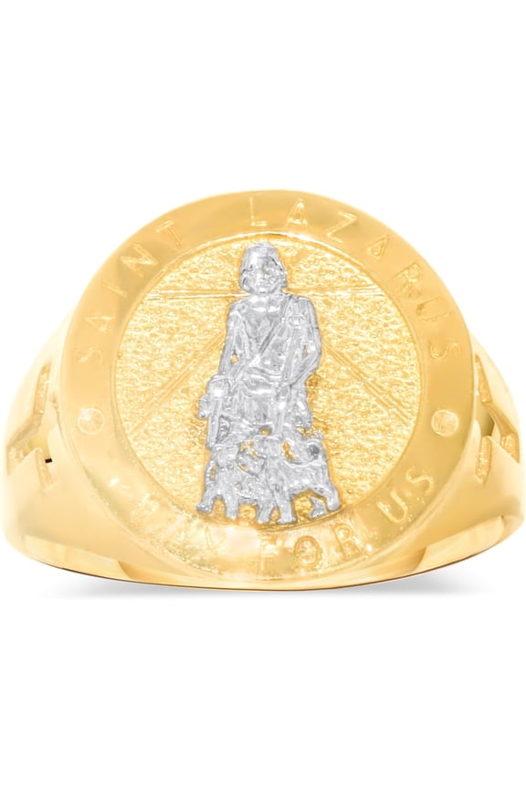 10k Yellow Gold 17mm St. Lazarus Pray For Us with Cross Catholic Saint Religious Medallion Men's Ring, Sizes 5 - 13