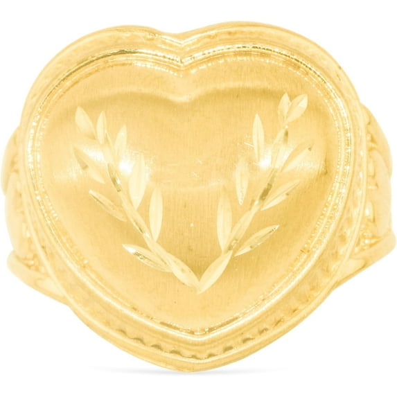 Floreo 10k Yellow Gold 18mm Domed Heart with Leaf Design Ring, Sizes 4 - 12