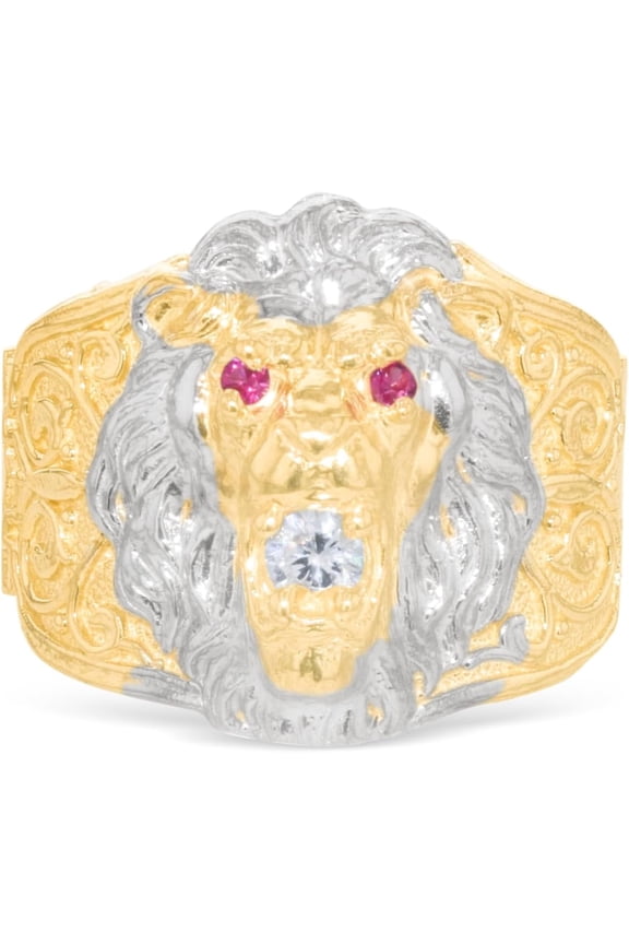 10k Yellow Gold 19.4mm Lion Face Two-Tone Ruby Eyes CZ Ring, Size 10