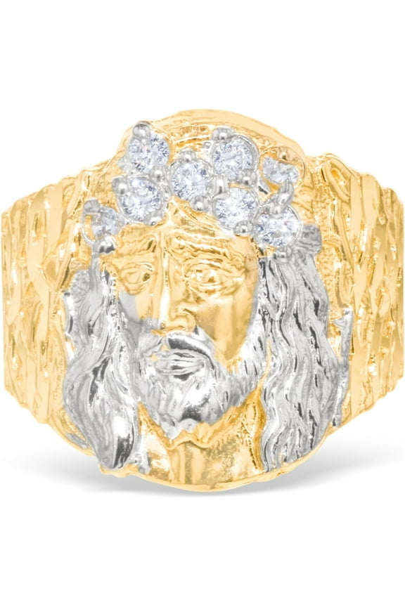 10k Yellow Gold 19mm Jesus Face Two-Tone CZ Openwork Men's Ring, Sizes 5 - 13