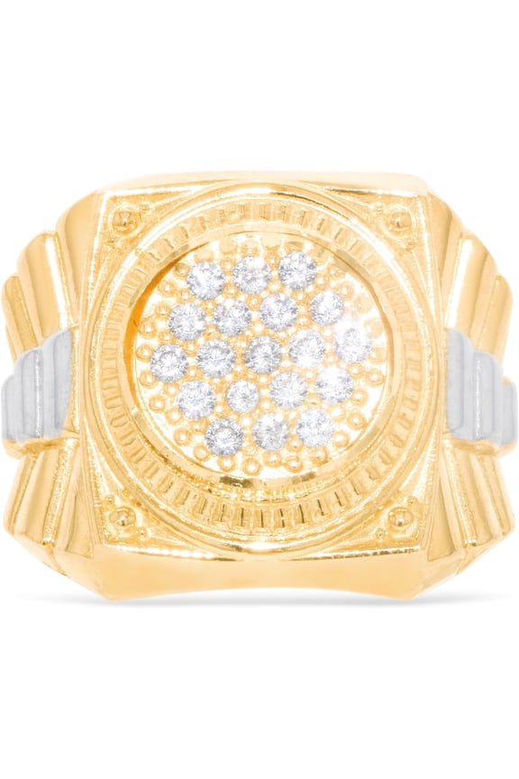 10k Yellow Gold 19mm Two-Tone Railroad Pave CZ Cluster Round Circle Men's Ring, Sizes 5 - 13.5